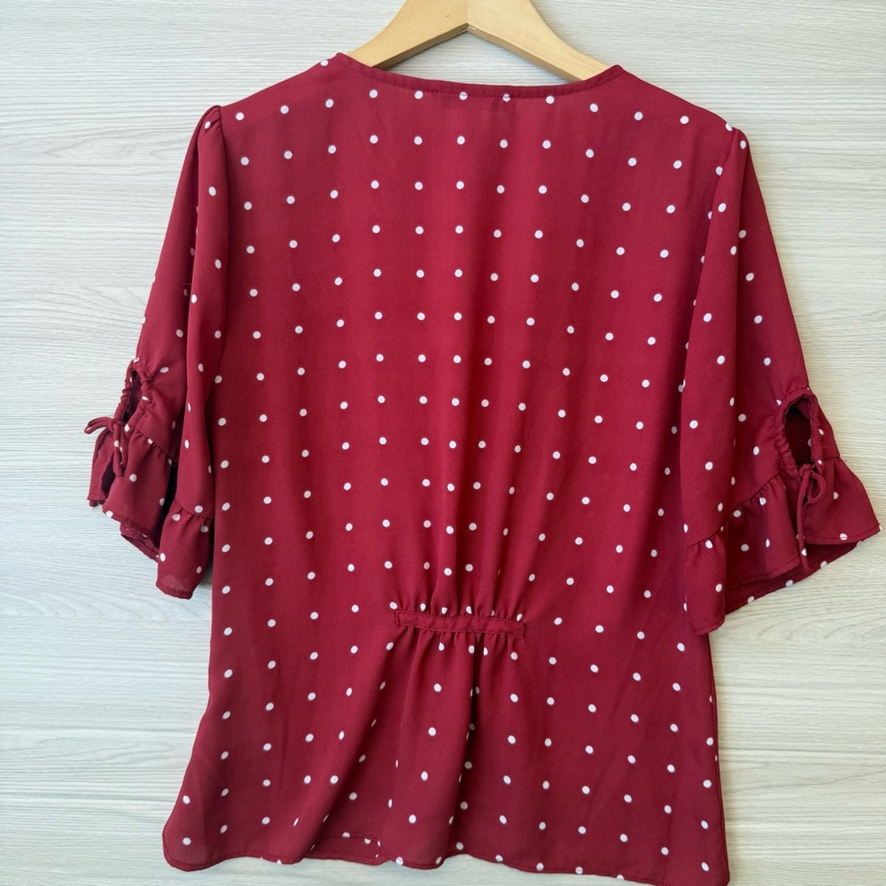 Madewell Red Polka Dot Blouse |Button Front Tie Sleeve Size 0 - Picture 9 of 9